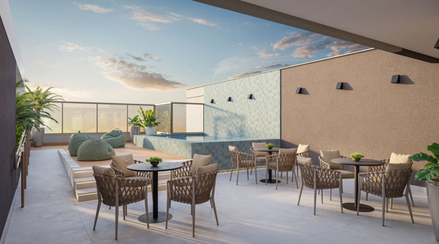 Rooftop com lounge e piscina do Flow São Pedro